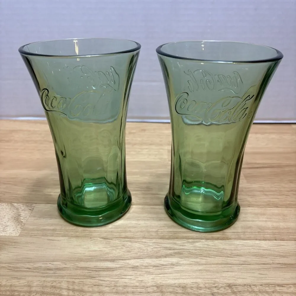 LIBBEY COCA COLA Flared Green Glass Tumblers Embossed 14oz Set of 2